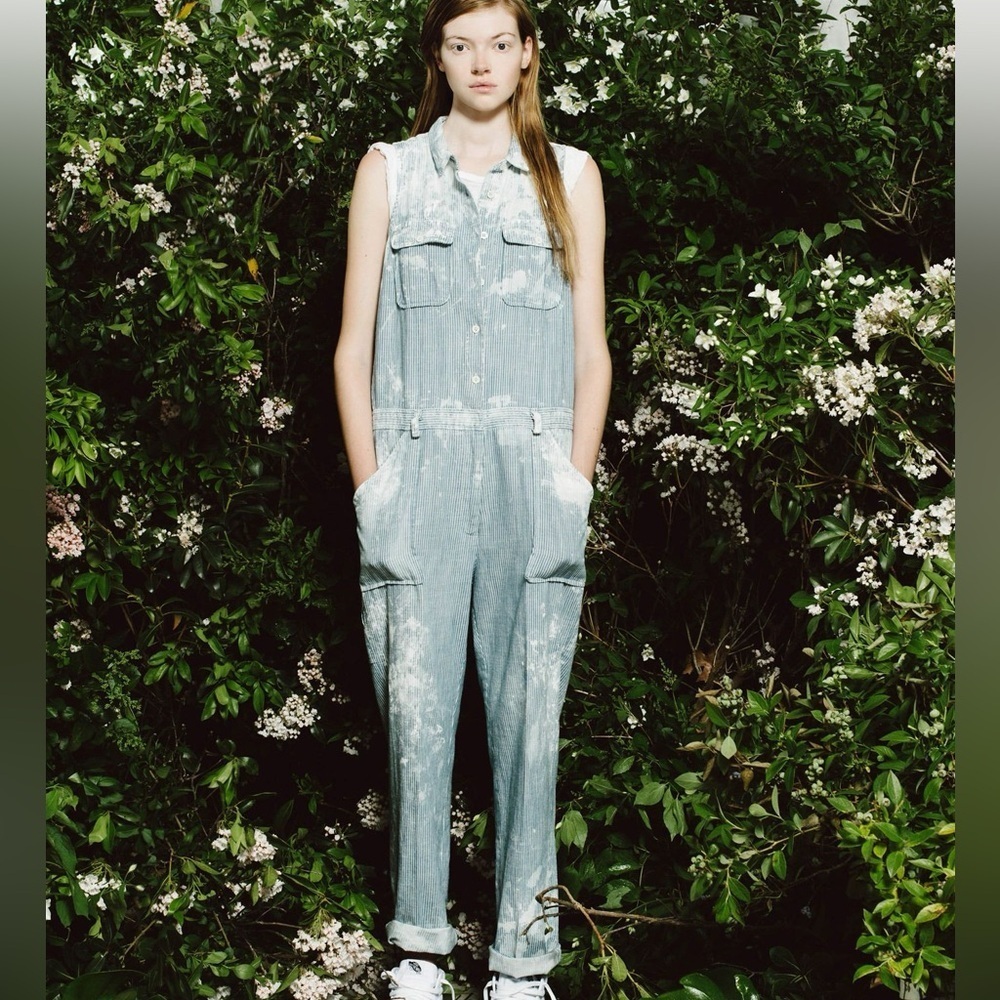 Sea New York Striped Blue Denim Jumpsuit Distressed Size 0 Sleeveless